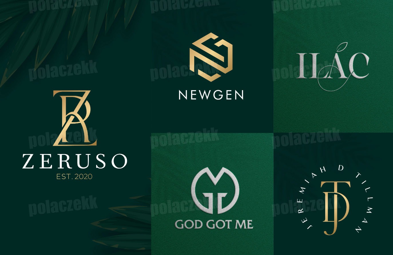 Kompozycja sześciu różnych logotypów na ciemnozielonym tle z motywem liści palmowych. Logotypy w kolorach złotym i białym prezentują różne style i typografie dla marek takich jak NEWGEN, ZERUSO...