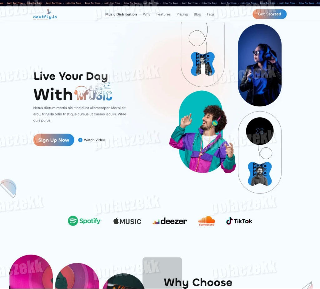 Projekt strony internetowej platformy muzycznej z ilustracjami osób słuchających muzyki i logotypami serwisów streamingowych.