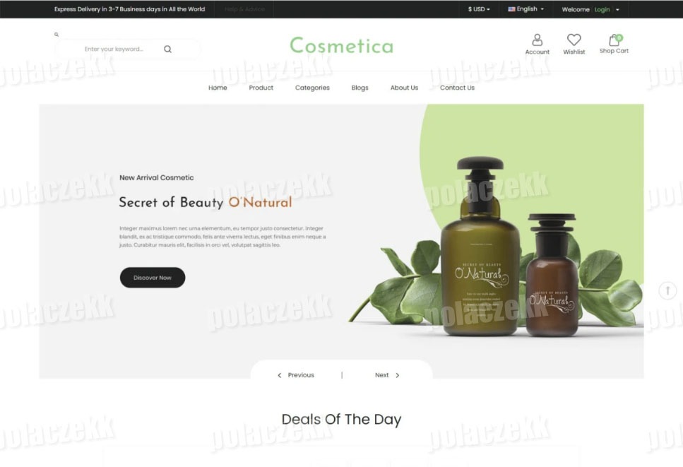 Landing page sklepu internetowego z kosmetykami naturalnymi O'Natural, prezentująca dwa brązowe flakony z dozownikami i zielonymi listkami w tle.