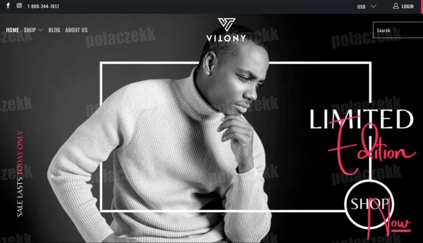 Czarno-biały zrzut ekranu strony internetowej z mężczyzną w golfie, logo firmy Vilony, napisem 'Limited Edition' i przyciskiem 'Shop Now'.