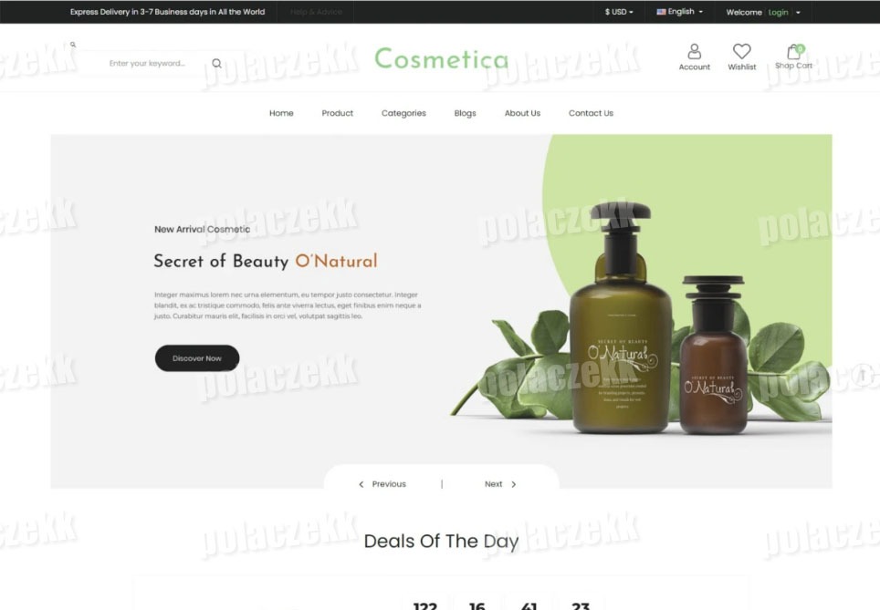 Projekt strony internetowej sklepu z kosmetykami naturalnymi, prezentujący minimalistyczny design z zielonymi akcentami i dwoma butelkami produktów 'O'Natural' na tle liści.