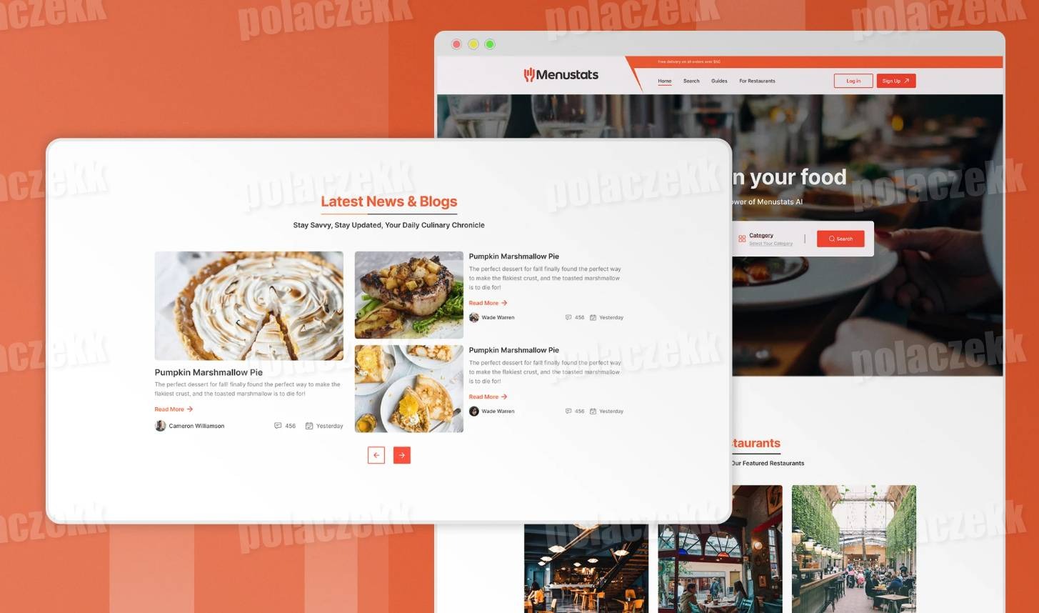 Mockup responsywnej strony internetowej z blogiem kulinarnym na ekranie laptopa i tabletu, prezentujący artykuły o deserach z dyni i pianki marshmallow.