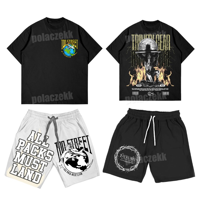 Cztery elementy odzieży: czarny T-shirt z grafiką globu i samolotu, czarny T-shirt z grafiką czaszki i płomieni, białe szorty z napisem i grafiką globu, czarne szorty z grafiką korony cierniowej.