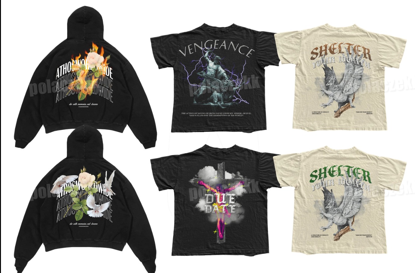 Kolekcja odzieży: czarne bluzy z kapturem z nadrukami kwiatów i płomieni, czarne t-shirty z motywami mitologicznymi i datą, oraz beżowe t-shirty z orłem i napisem 'Shelter Your Worth'.