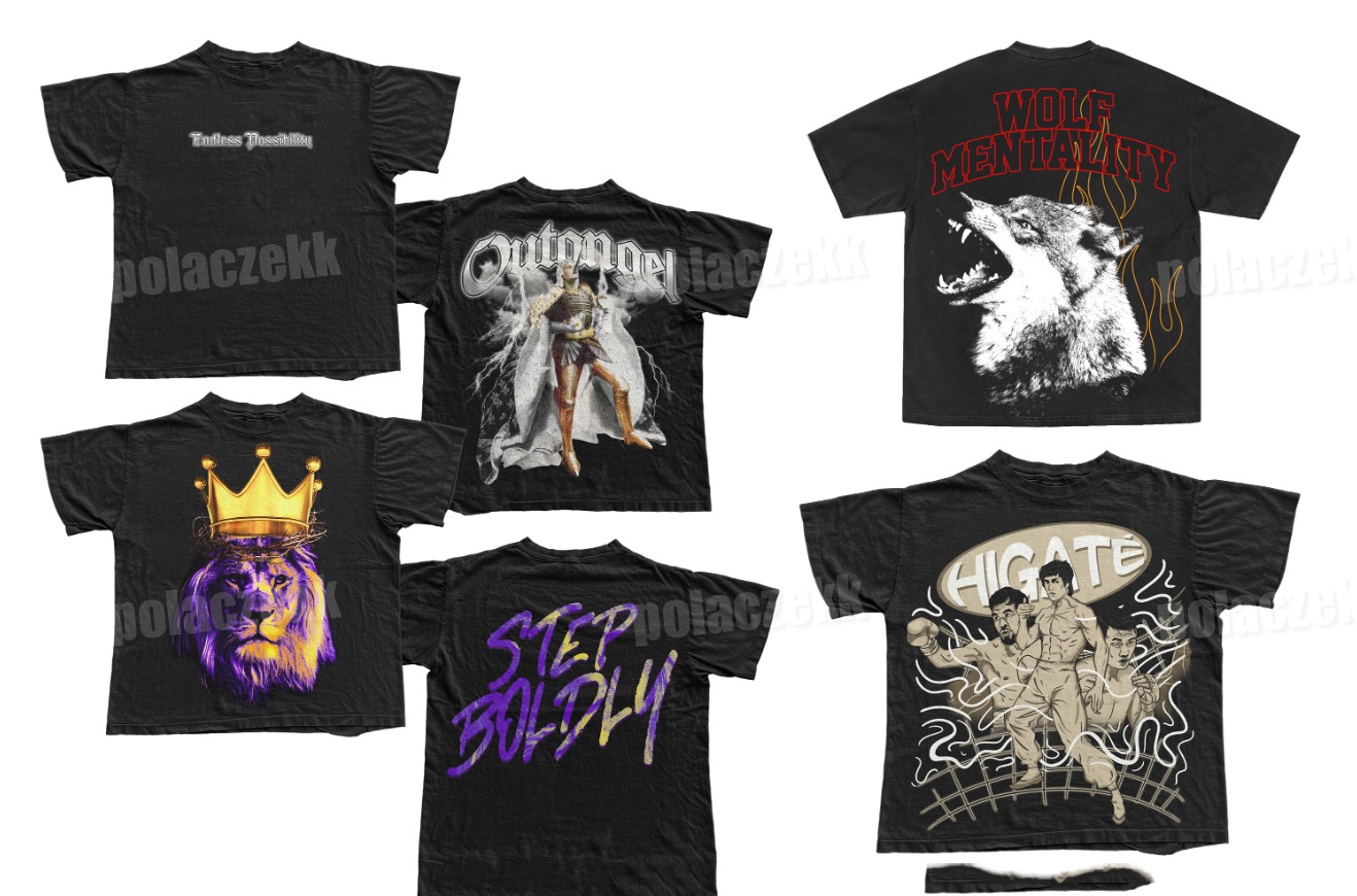 Kolekcja czarnych t-shirtów z różnorodnymi nadrukami: napis 'Endless Possibility', wojowniczka, wilk z napisem 'Wolf Mentality', lew w koronie, napis 'Step Boldly' oraz postacie z filmu 'Higate'.