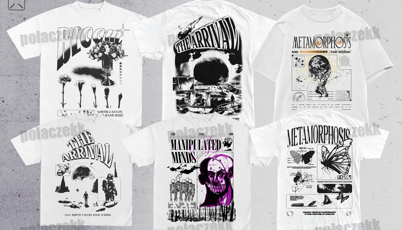 Prezentacja sześciu białych t-shirtów z różnymi nadrukami graficznymi w czerni i fiolecie, obejmującymi motywy kosmiczne, kwiatowe, anatomiczne i metamorfozy, ułożonych na szarym tle.