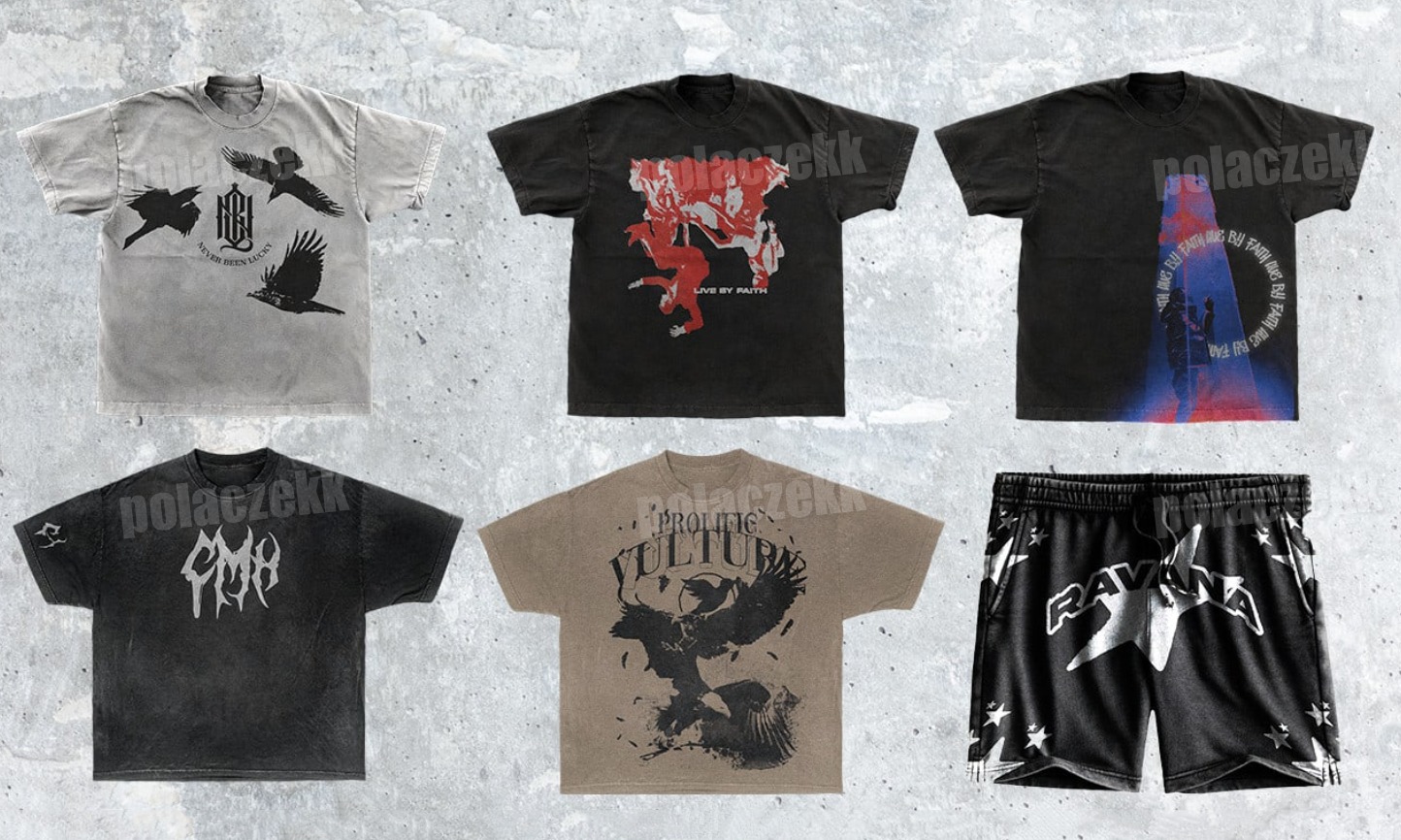 Kolekcja ubrań: sześć T-shirtów z różnymi grafikami (ptaki, postacie, napisy) oraz czarne sportowe spodenki z gwiazdami, prezentowane na szarym tle imitującym beton.