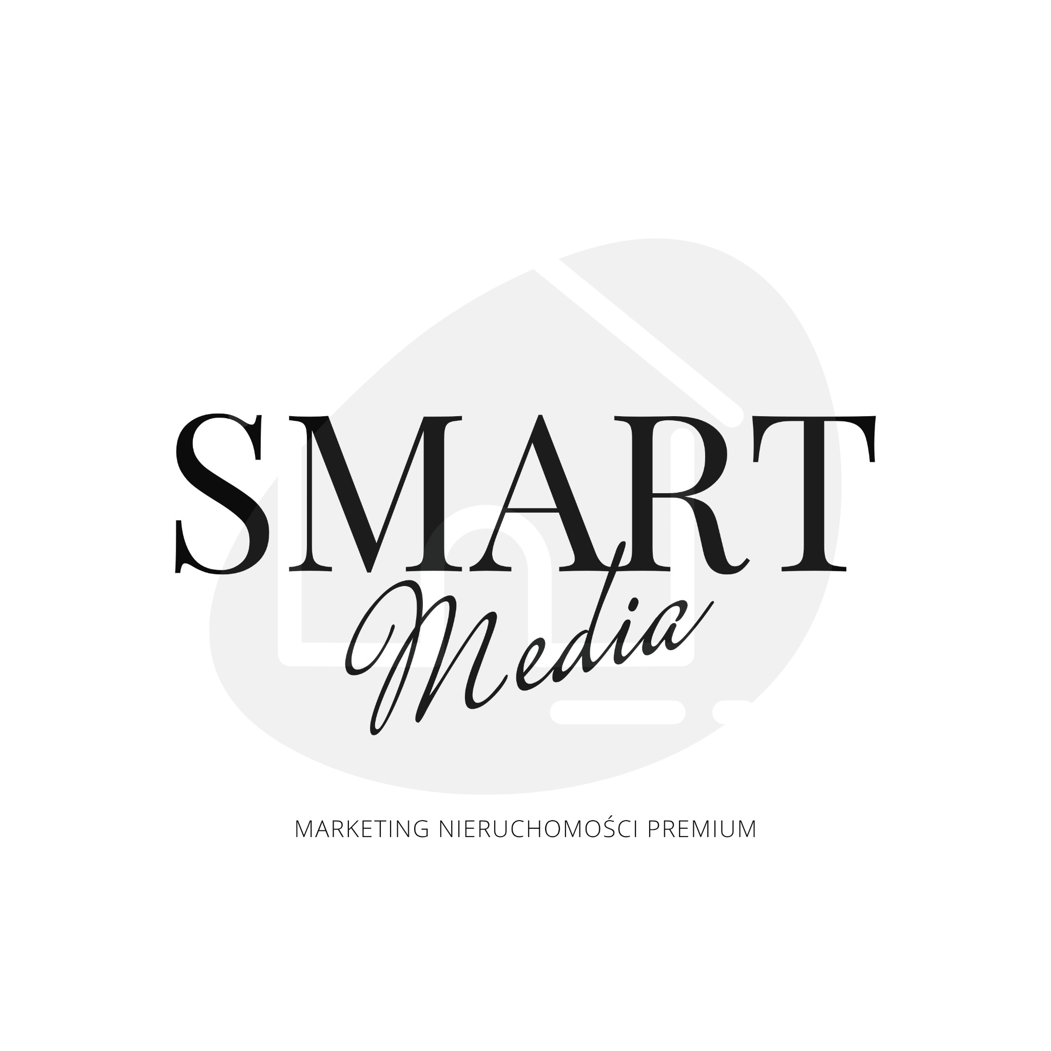 Logo firmy Smart Media z napisem 'Marketing Nieruchomości Premium' na białym tle z szarym kształtem domu w tle.