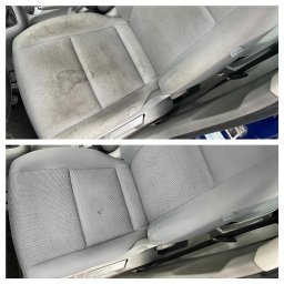ProfClean - Fotografia przedstawia porównanie stanu fotela samochodowego przed i po czyszczeniu. Górna część pokazuje zabrudzony, szary fotel z widocznymi plamami i zaciekami. Dolna część ukazuje ten sam fotel...