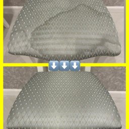 ProfClean - Krzesło z tapicerką w romby przed i po czyszczeniu, widoczne różnice w odcieniu i świeżości tkaniny.