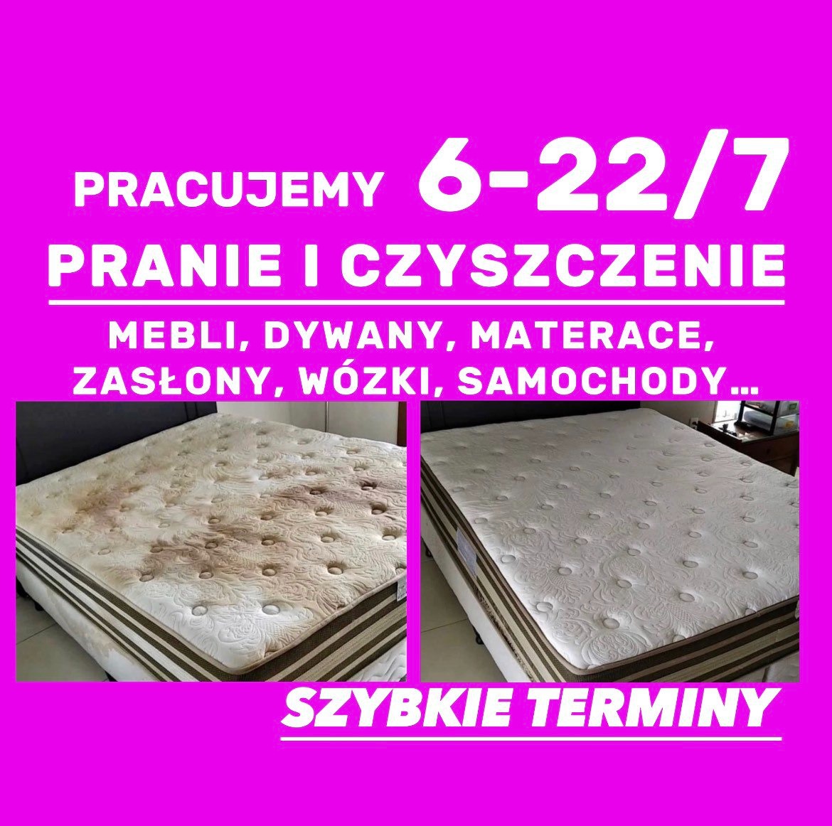 Materac z widocznym zabrudzeniem przed praniem i ten sam materac po praniu, prezentacja efektu czyszczenia.