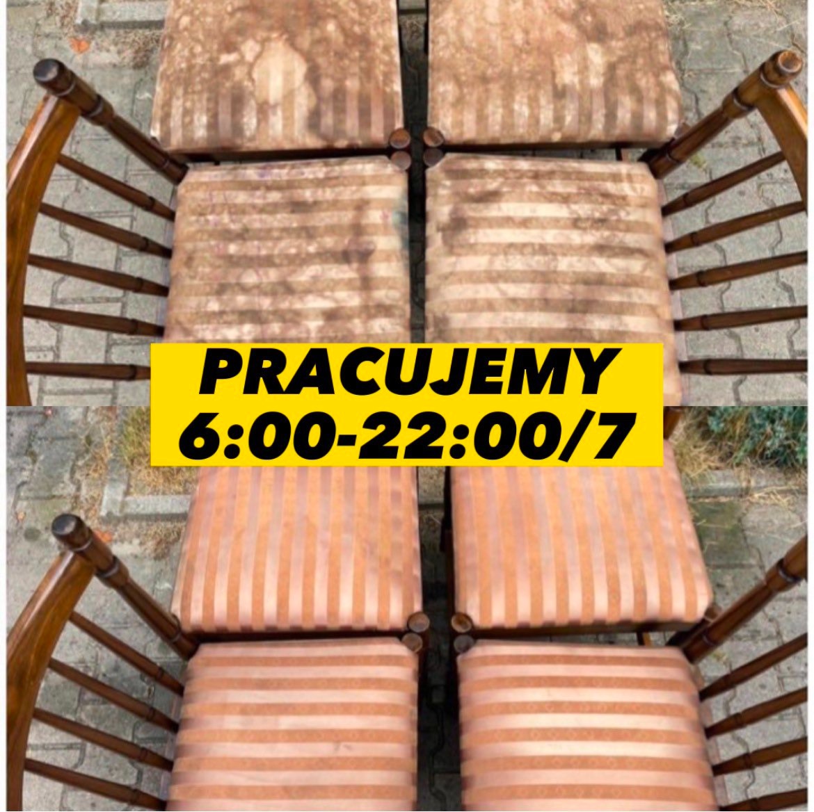 Cztery krzesła z tapicerowanymi siedziskami w paski, prezentujące różnicę przed i po czyszczeniu, z żółtą naklejką informującą o godzinach pracy firmy w Poznaniu.