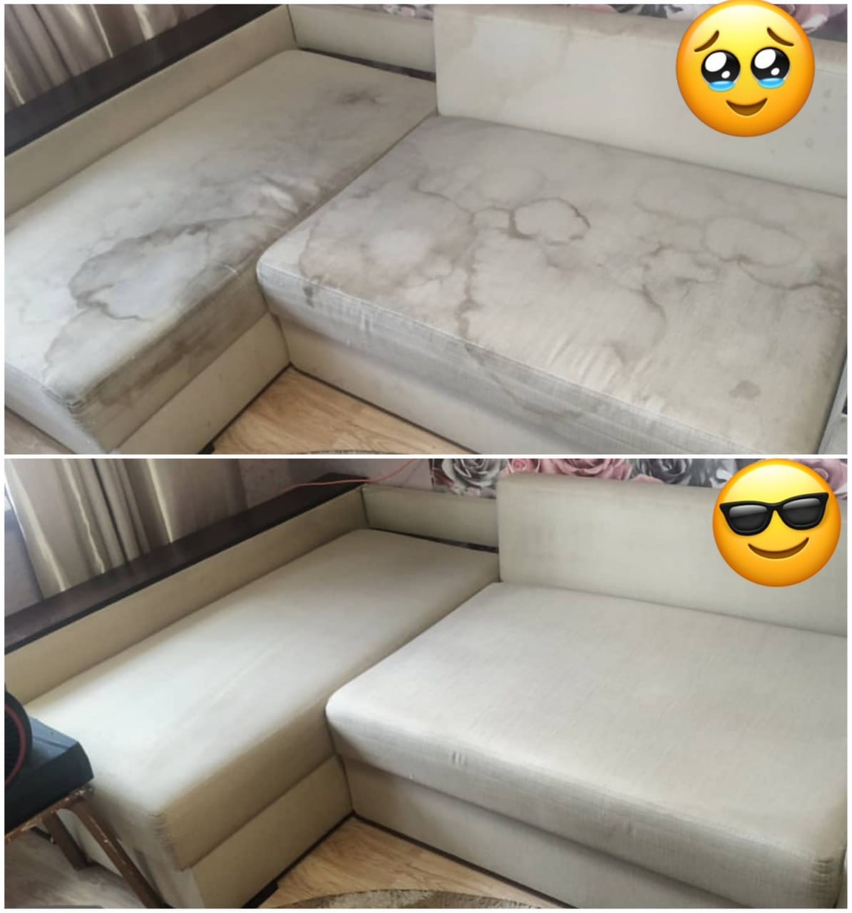 Zdjęcie przedstawia narożnik z jasną tapicerką w dwóch ujęciach: górne ukazuje narożnik z widocznymi plamami i zabrudzeniami, dolne prezentuje ten sam narożnik po czyszczeniu, z odświeżoną i czystą...