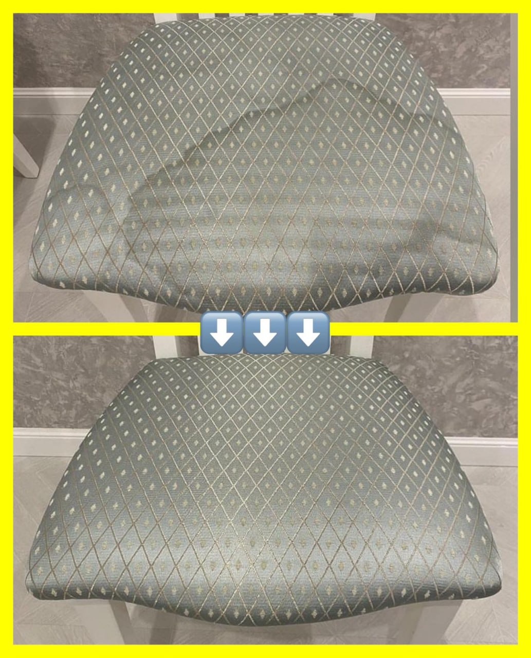 Krzesło z tapicerką w romby przed i po czyszczeniu, widoczne różnice w odcieniu i świeżości tkaniny.