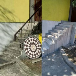 Admar Adrian Marcisz - Porównanie starych, betonowych schodów zewnętrznych z metalową balustradą (przed) i odnowionych, wyłożonych jasnymi płytkami drewnopodobnymi (po).