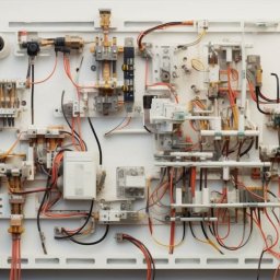 Elektra - Rozbudowana, skomplikowana instalacja elektryczna w białej obudowie, widoczne liczne przewody, bezpieczniki, przekaźniki i inne elementy sterujące.