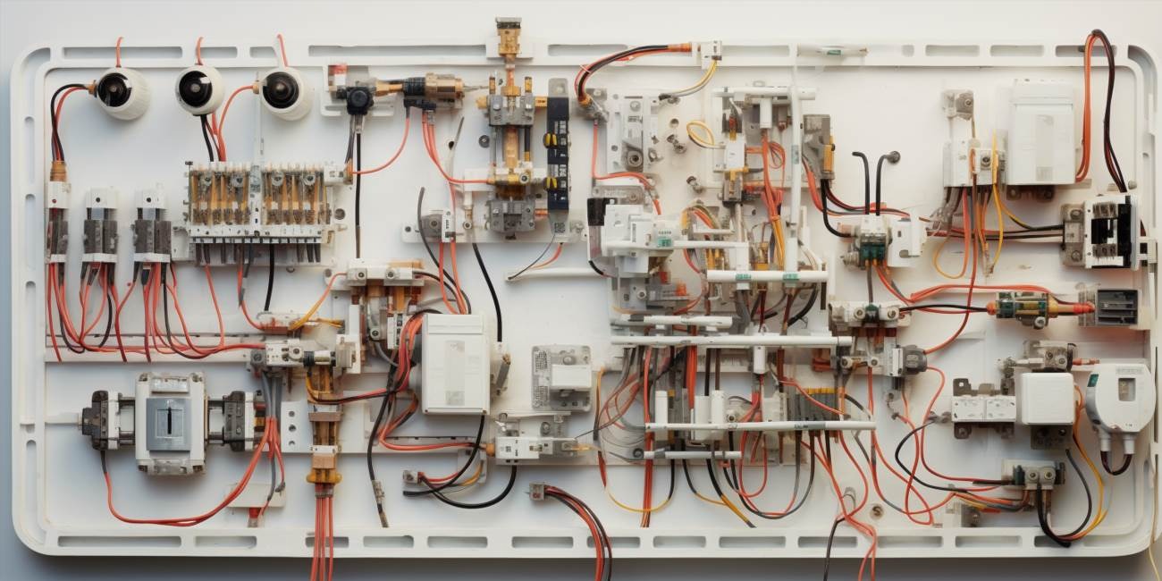 Rozbudowana, skomplikowana instalacja elektryczna w białej obudowie, widoczne liczne przewody, bezpieczniki, przekaźniki i inne elementy sterujące.
