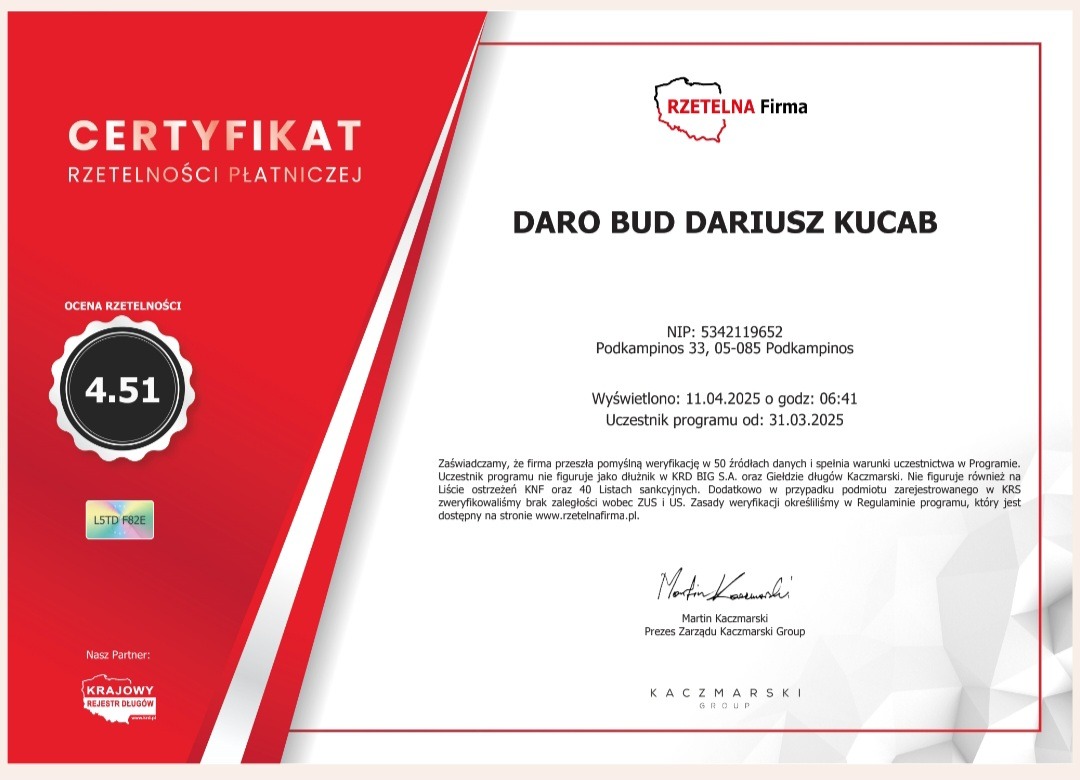 Certyfikat rzetelności płatniczej dla DARO BUD DARIUSZ KUCAB z oceną 4.51, wystawiony przez RZETELNA Firma, z NIP i adresem. Widoczny podpis Martina Kaczmarskiego.