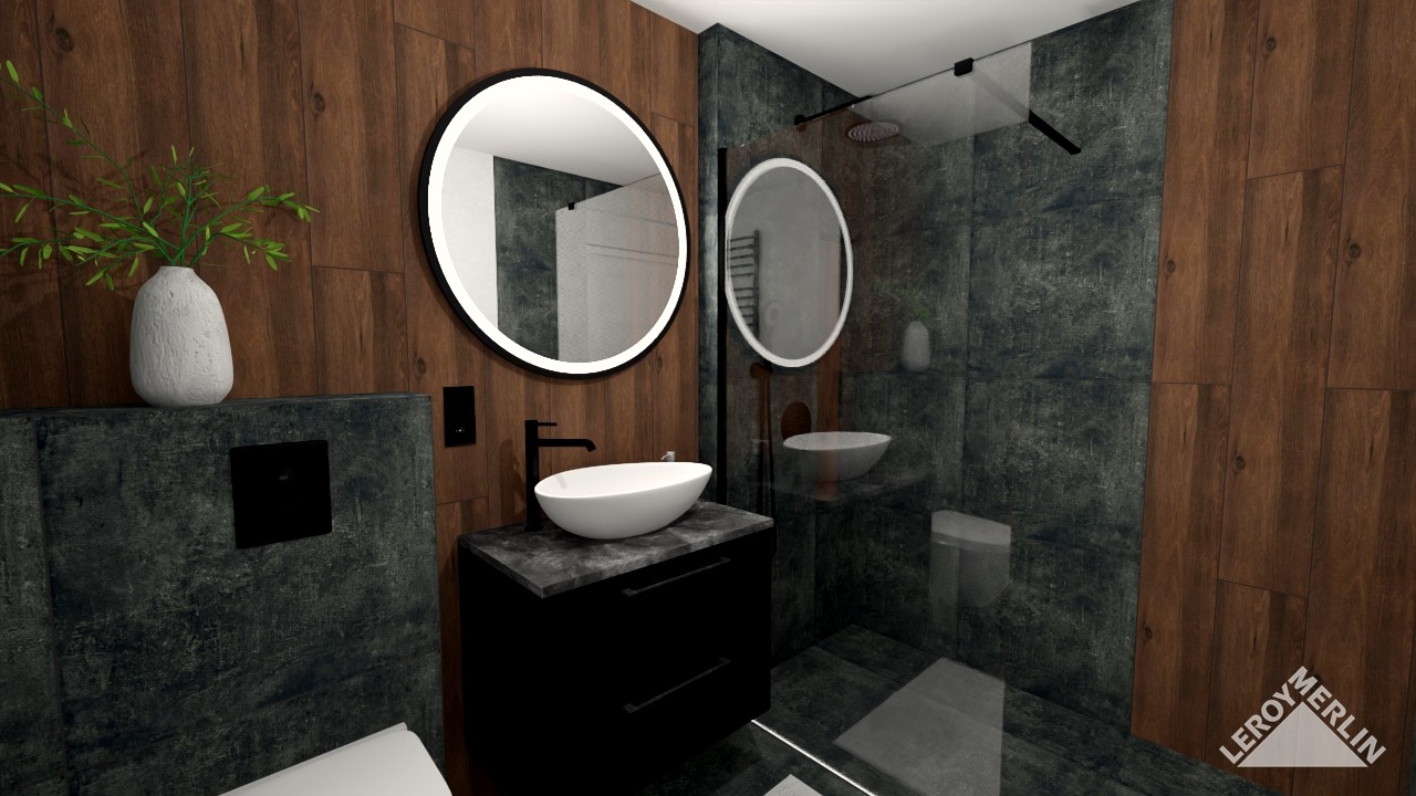 Wizualizacja nowoczesnej łazienki z drewnianymi panelami ściennymi, okrągłymi lustrami z podświetleniem LED, umywalką nablatową na czarnej szafce z marmurowym blatem oraz kabiną prysznicową typu...