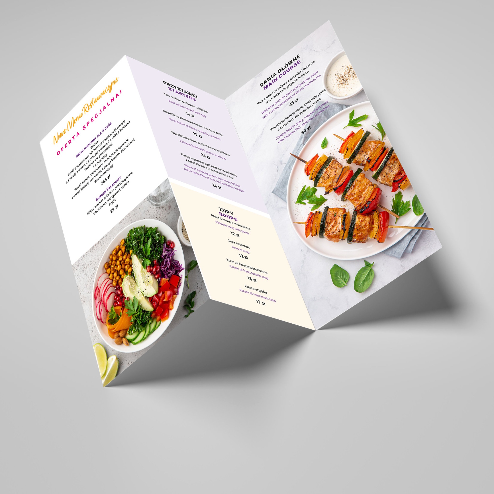 Rozłożona, trójdzielna karta menu restauracji z widocznymi daniami: sałatka bowl, szaszłyki i zupy, na jasnym tle.