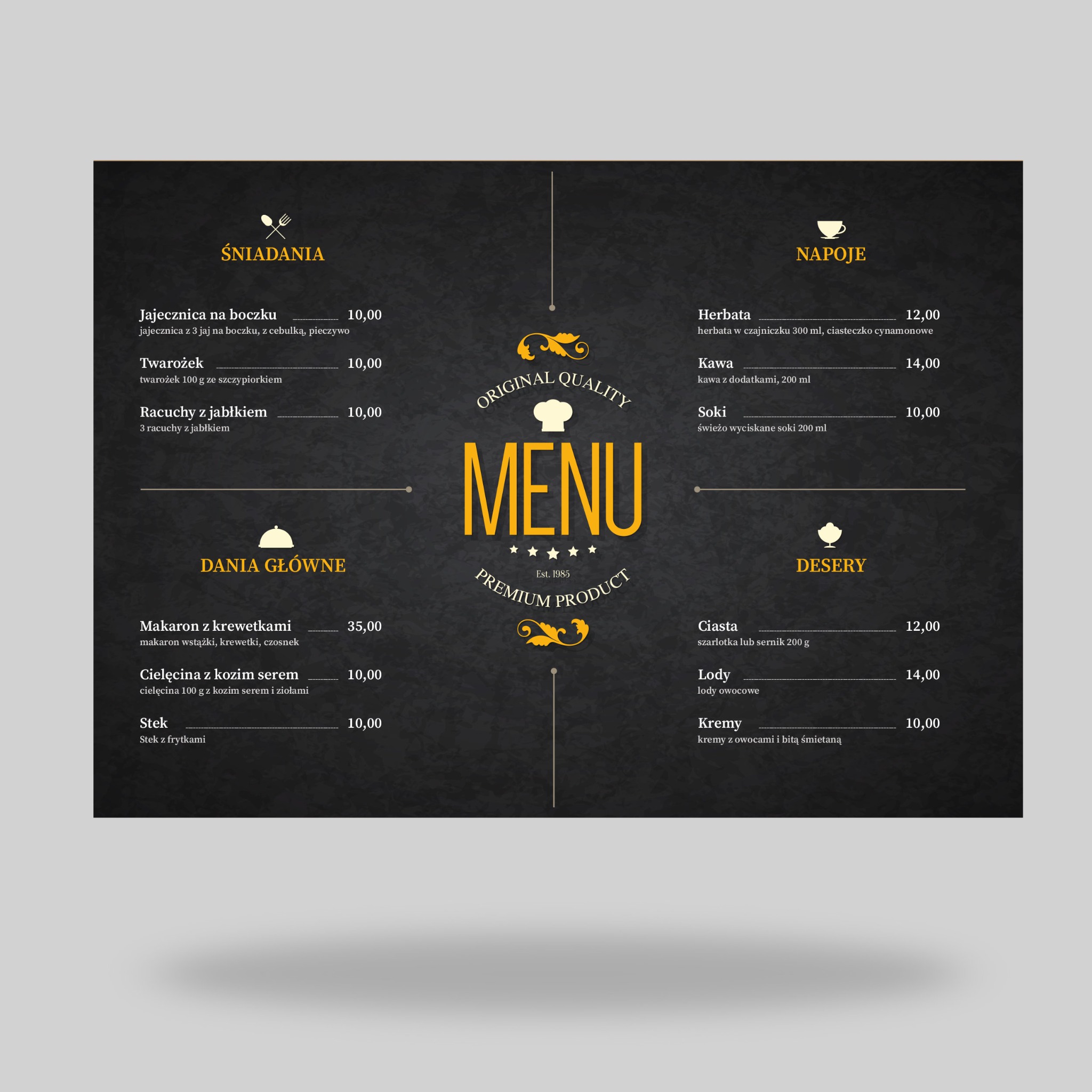 Elegancka karta menu restauracji z podziałem na śniadania, dania główne, napoje i desery, prezentująca ceny i krótkie opisy potraw na ciemnym tle.