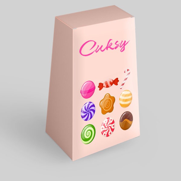 Różowa, trapezoidalna paczka z napisem 'Cuksy' i grafiką przedstawiającą kolorowe cukierki.