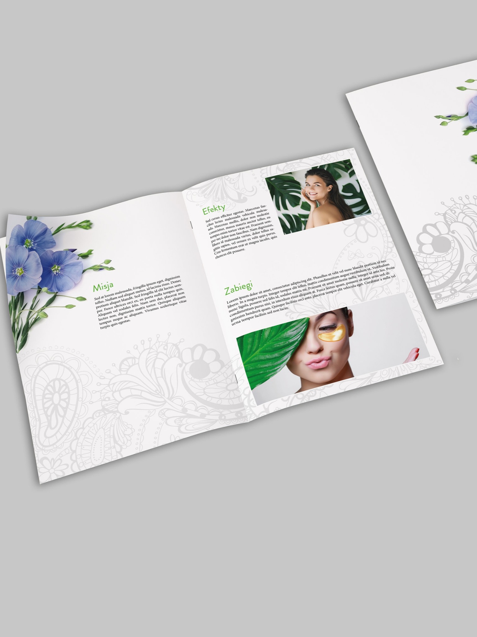 Rozłożony katalog reklamowy z ilustracjami kwiatów i zdjęciami modelek prezentujących zabiegi kosmetyczne.
