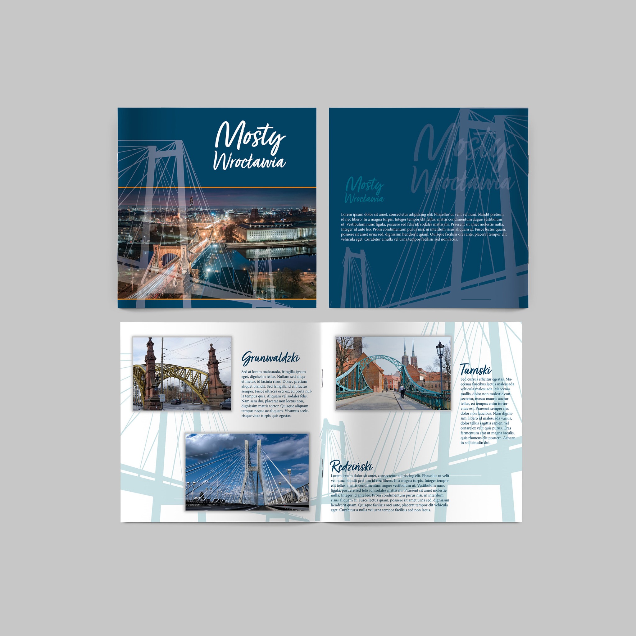 Rozkładówka broszury reklamowej prezentująca mosty Wrocławia: Most Grunwaldzki, Tumski i Rędziński, na tle nocnej panoramy miasta.