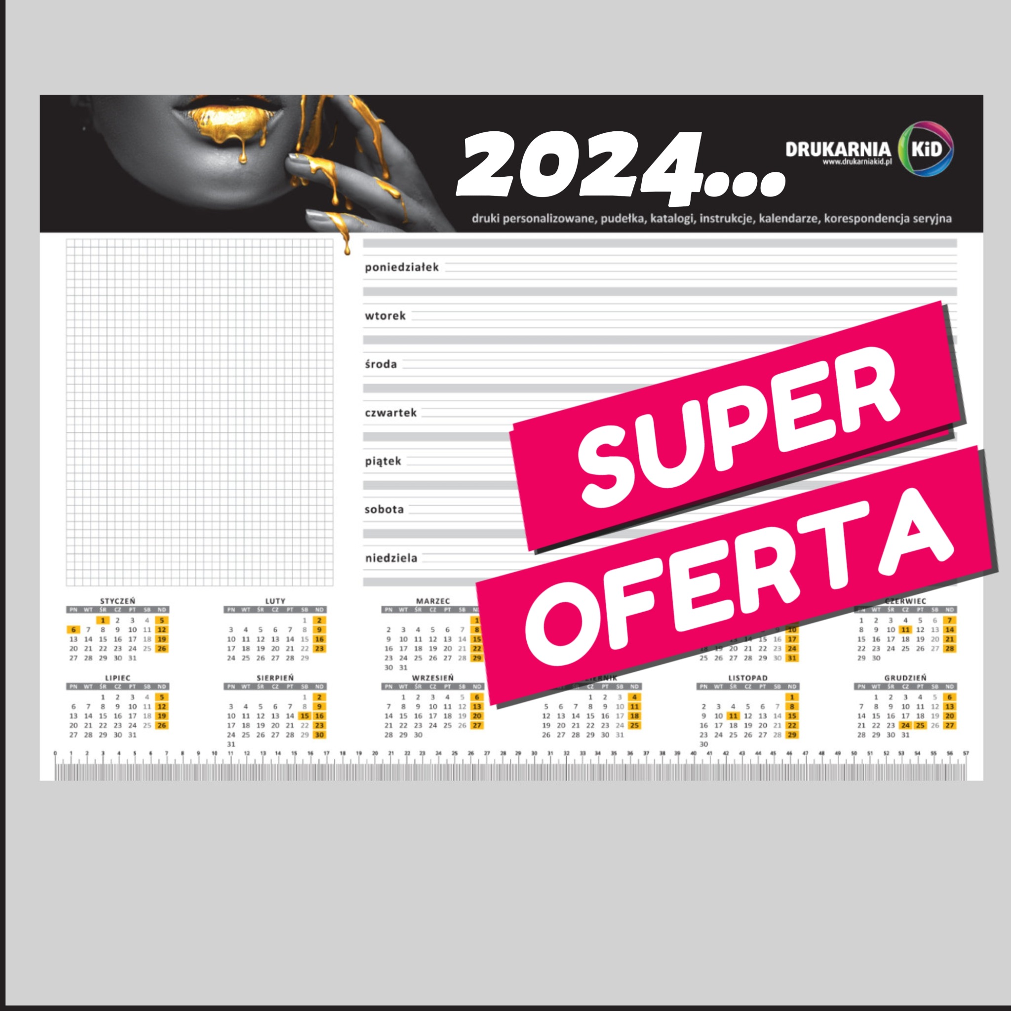 Projekt kalendarza książkowego na rok 2024 z motywem złota na czarnym tle, z widocznym logo drukarni KID i napisem 'Super Oferta' na różowym tle.