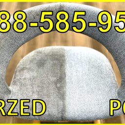 panda.cleaning Dariusz Korczycki - Krzesło tapicerowane: po lewej stronie widoczny brud, po prawej czyste. U góry numer telefonu. Napisy PRZED i PO! Prezentacja efektu prania tapicerki.