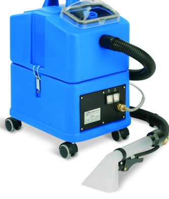 Niebieski, profesjonalny odkurzacz piorący z przezroczystą ssawką i wężem, na kółkach, z panelem sterowania. Sprzęt do czyszczenia tapicerki.