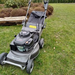 TOMASZ STARZAK GREENBI - Szara kosiarka spalinowa marki Weibang stoi na trawniku z widocznymi liśćmi, w tle krzewy i drzewa iglaste.