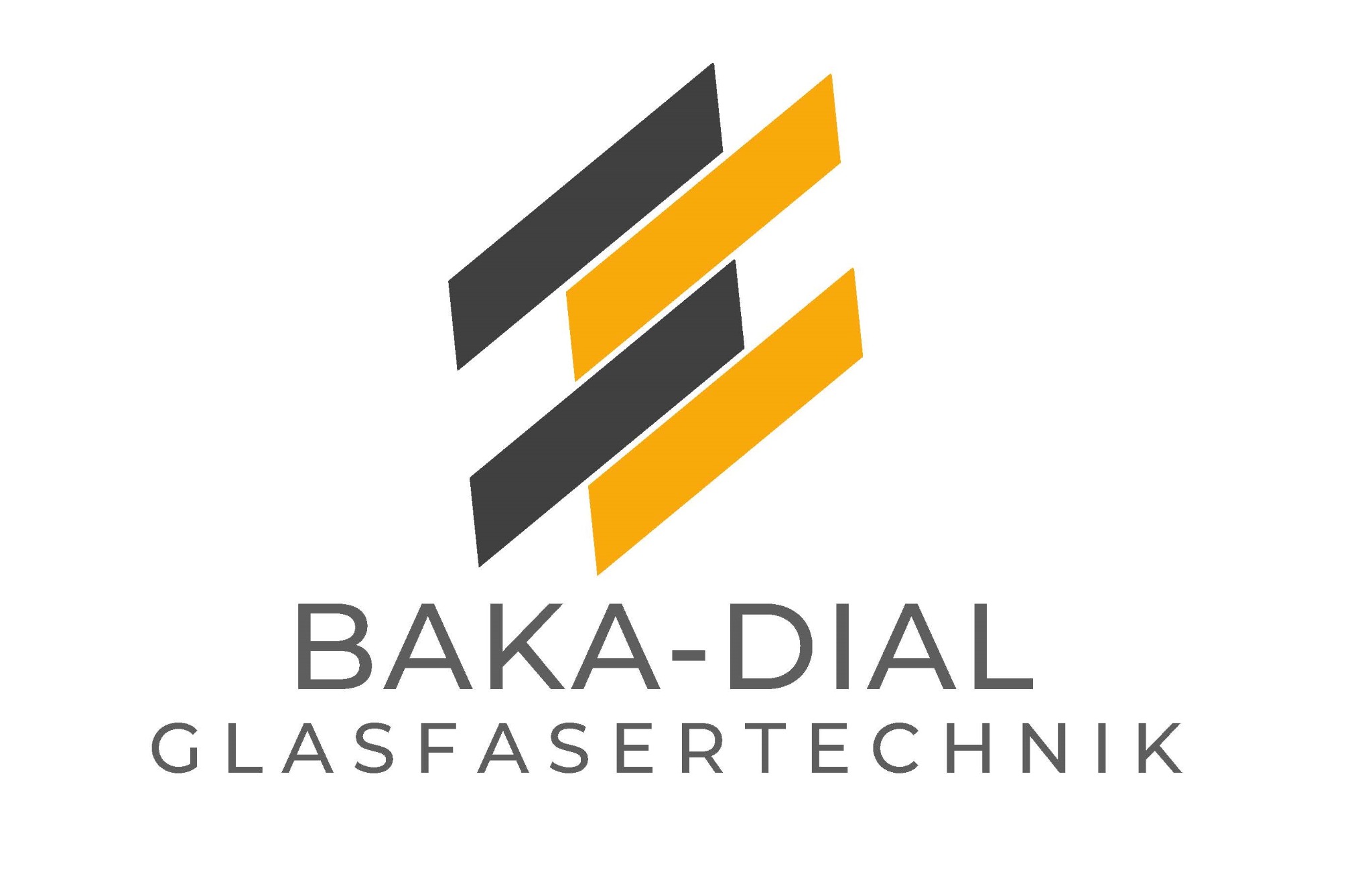 Logo firmy BAKA-DIAL GLASFASERTECHNIK z abstrakcyjnym symbolem składającym się z czarnych i żółtych równoległoboków.