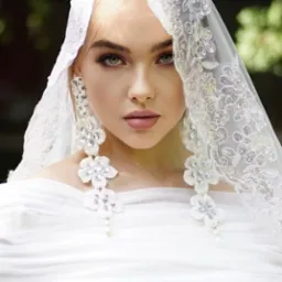 Portret kobiety z blond włosami i zielonymi oczami, ubrana w białą sukienkę i koronkowy welon z kwiatowymi kolczykami, na rozmytym zielonym tle.