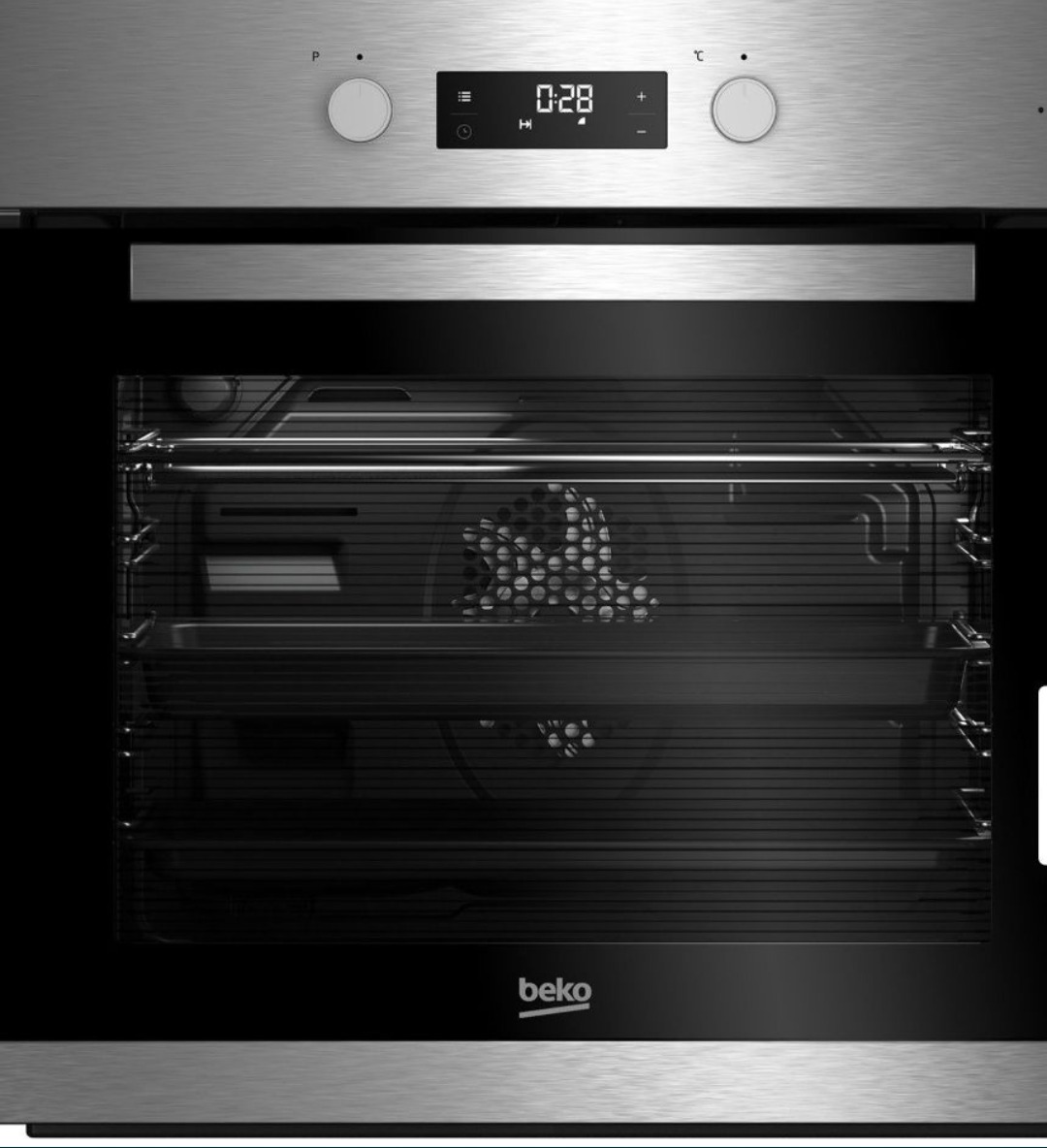 Nowoczesny piekarnik elektryczny marki Beko w kolorze srebrnym, z widocznym wnętrzem i włączonym oświetleniem, prezentowany na neutralnym tle.