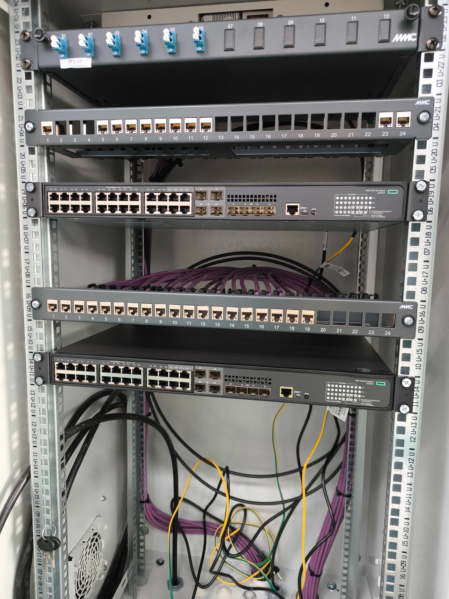 Szafa rack z panelami krosowniczymi i przełącznikami sieciowymi HPE, widoczne kable światłowodowe i miedziane, wentylator chłodzący u dołu szafy.