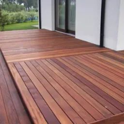 Nowoczesny taras z drewna egzotycznego, z niskimi schodami, prowadzący bezpośrednio do domu z dużym oknem przesuwnym.