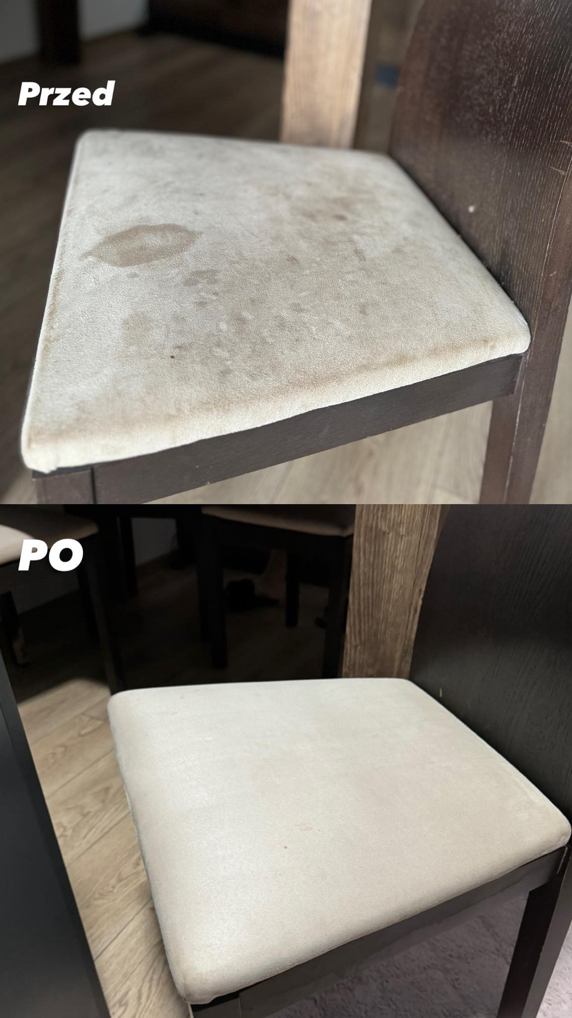 Krzesło z tapicerowanym siedziskiem: porównanie stanu przed i po czyszczeniu. Na górze widoczne plamy na beżowej tapicerce, na dole czyste, jasne siedzisko po praniu.