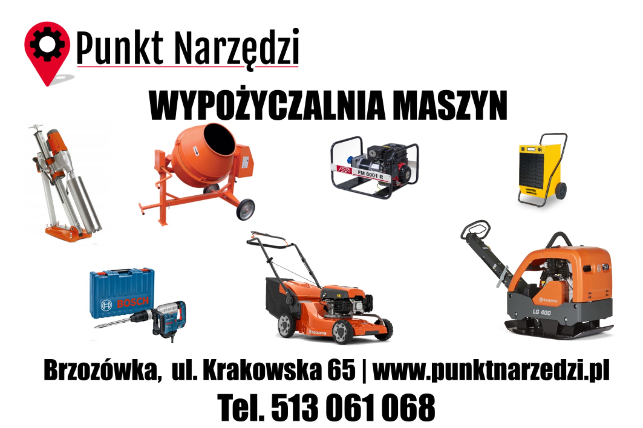 Katalog urządzeń budowlanych i ogrodowych na białym tle, w tym wiertnica diamentowa, betoniarka, zagęszczarka, agregat prądotwórczy, nagrzewnica, kosiarka i młot udarowy Bosch z walizką.