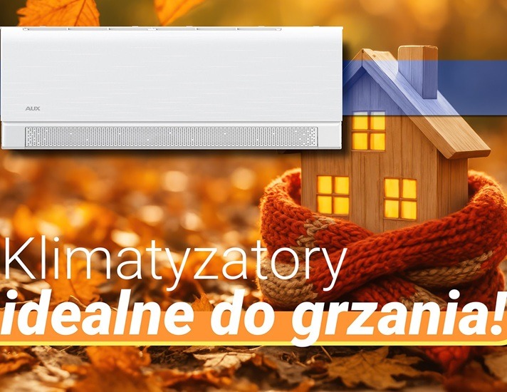 Biały klimatyzator AUX na tle jesiennych liści i drewnianego domku w szaliku, hasło: Klimatyzatory idealne do grzania.