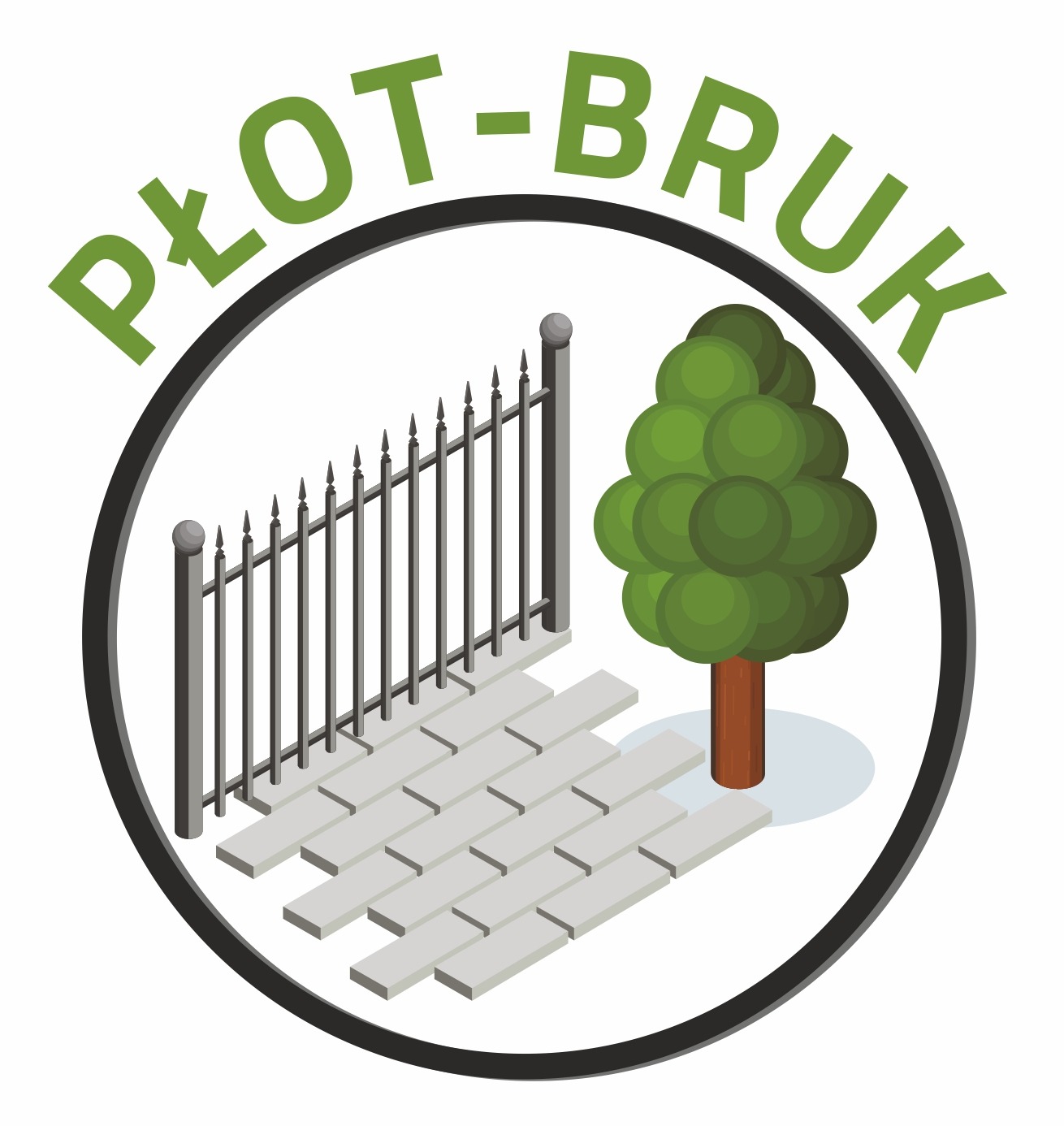 Grafika wektorowa przedstawiająca logo firmy 'PŁOT-BRUK' z stylizowanym fragmentem metalowego ogrodzenia, ułożoną kostką brukową oraz drzewem, wszystko zamknięte w okręgu.