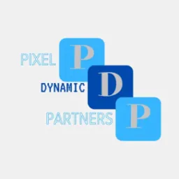 Logo firmy Pixel Dynamic Partners, składające się z trzech zaokrąglonych kwadratów w odcieniach niebieskiego, zawierających litery P, D, P w kolorze szarym, z nazwą firmy w pixelartowym stylu po...