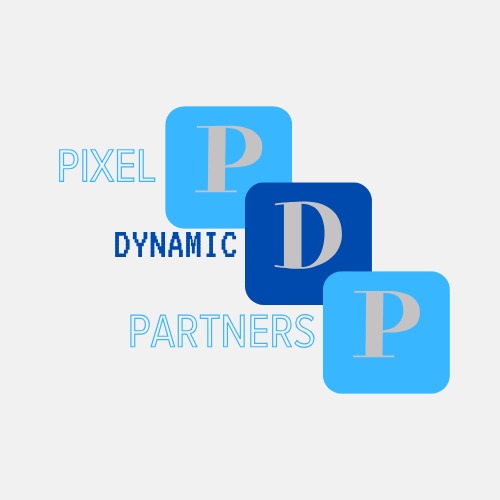 Logo firmy Pixel Dynamic Partners, składające się z trzech zaokrąglonych kwadratów w odcieniach niebieskiego, zawierających litery P, D, P w kolorze szarym, z nazwą firmy w pixelartowym stylu po...