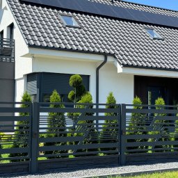 PRO-SPAW Bartosz Białas - Nowoczesna, pozioma brama wjazdowa z elementami dekoracyjnymi na tle nowego domu jednorodzinnego w Lubcz Wielki, z widocznymi panelami słonecznymi na dachu i ozdobnymi tujami.