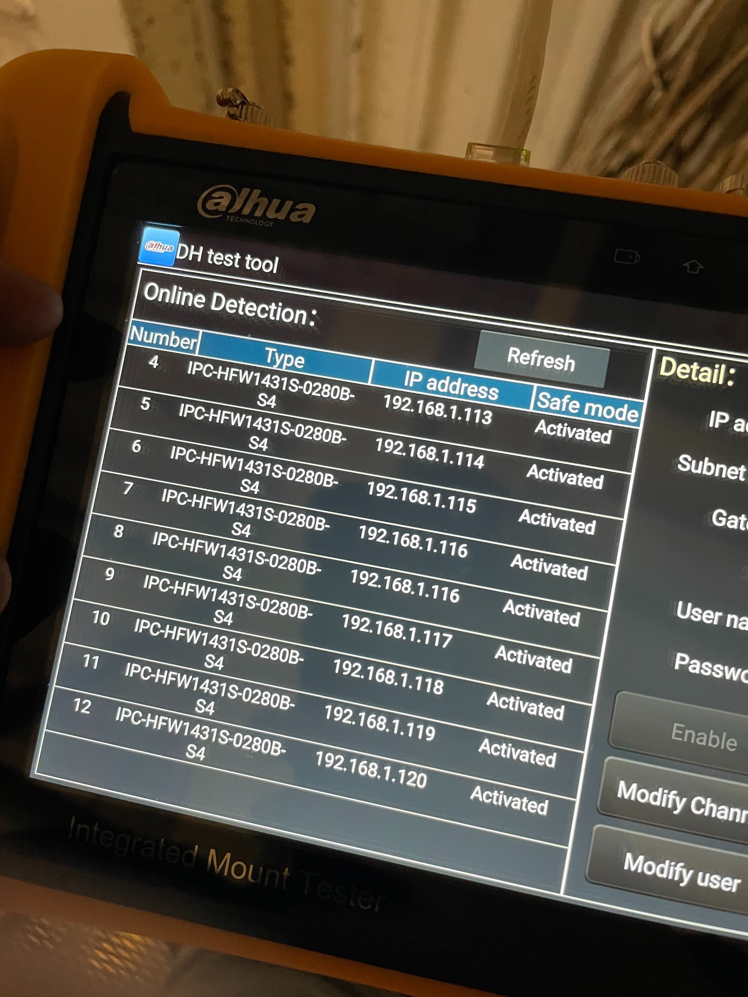 Ekran testera Dahua DH z listą wykrytych kamer IP (IPC-HFW1431S-0280B-S4) z adresami IP i statusem 'Activated'.