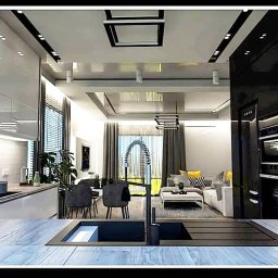 Daria Komicz-Kubacka - Nowoczesna kuchnia z czarnymi szafkami, białymi frontami i drewnianym blatem, z widokiem na salon z szarymi zasłonami i żółtymi poduszkami.