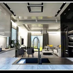 Nowoczesna kuchnia z czarnymi szafkami, białymi frontami i drewnianym blatem, z widokiem na salon z szarymi zasłonami i żółtymi poduszkami.