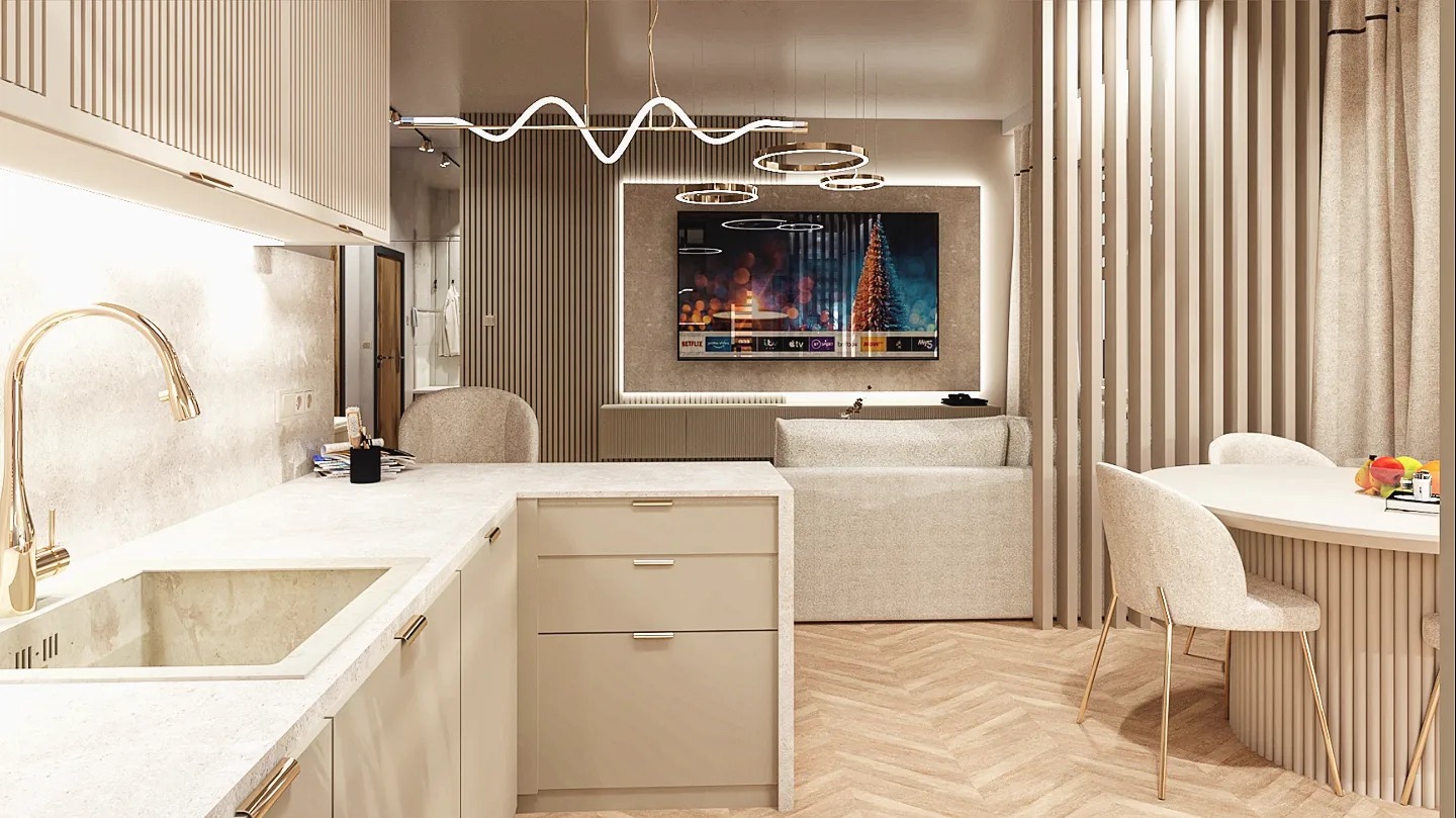 Wizualizacja wnętrza mieszkania w Koninie: otwarta kuchnia z wyspą, jasne meble, złota armatura i oświetlenie, parkiet w jodełkę, telewizor z dekoracją świąteczną w tle.