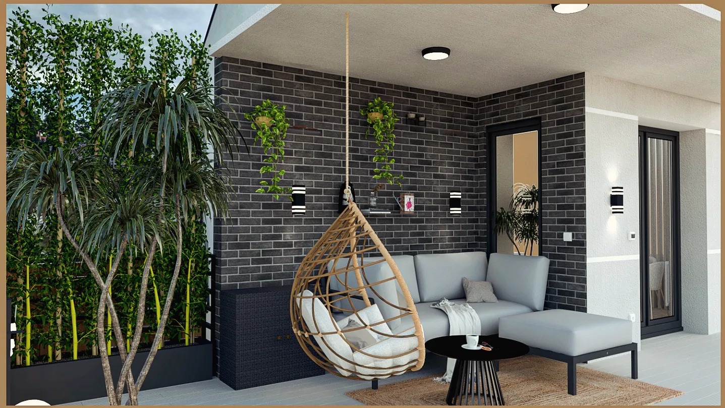 Nowoczesny balkon z szarą ceglaną ścianą, wiszącym fotelem w stylu boho, szarą sofą z pufą, stolikiem kawowym i zielonymi roślinami w donicach.