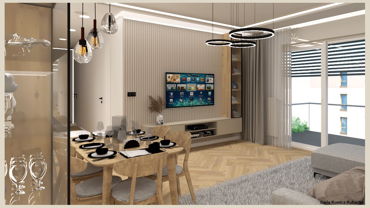 Nowoczesna aranżacja salonu z jadalnią: drewniany stół, krzesła, TV na ścianie z lamelami, okrągłe lampy. Jasne kolory, parkiet w jodełkę, duże okno balkonowe.